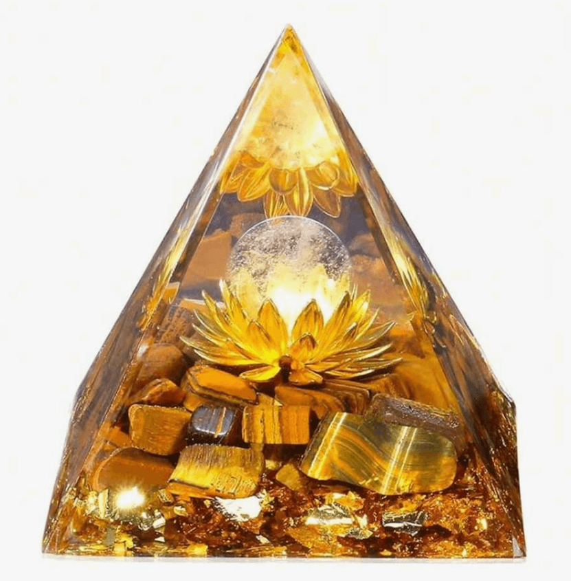Orgonite Pyramid Golden Yellow Lotus with Tigers Eye