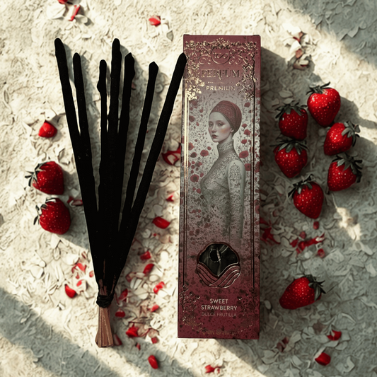 Black hairbrush and pink packaging with a woman's face surrounded by strawberries on a textured surface.