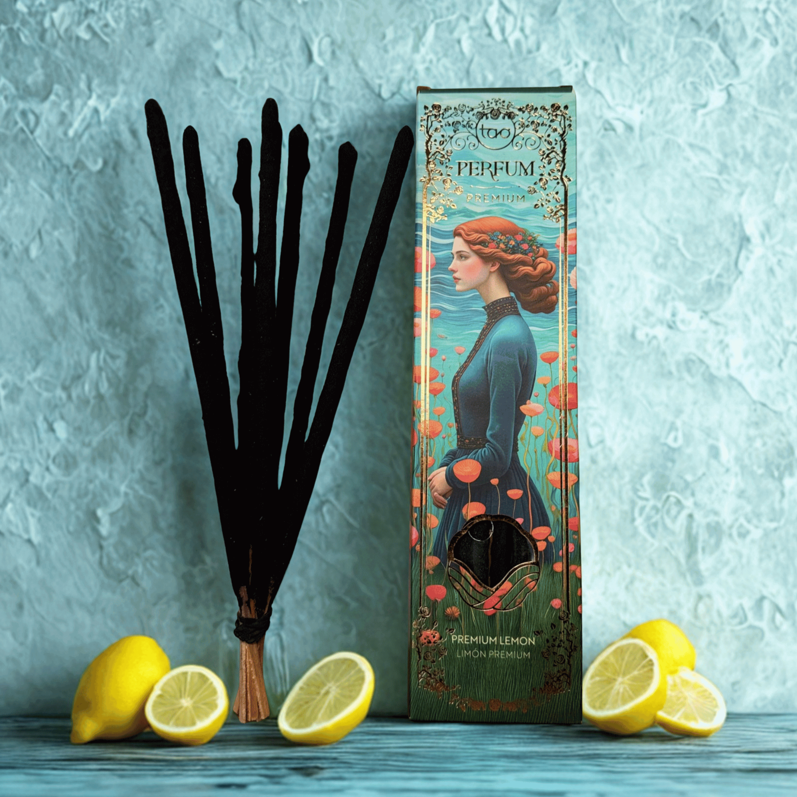 Perfume box with artistic design, black fan, and lemons on a textured blue surface