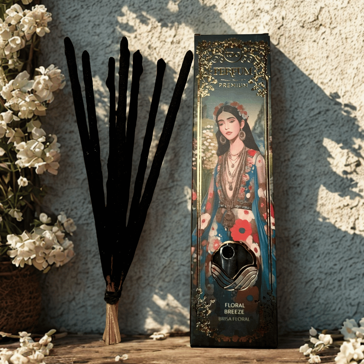 Decorative incense stick holder with artistic design on a textured wall background
