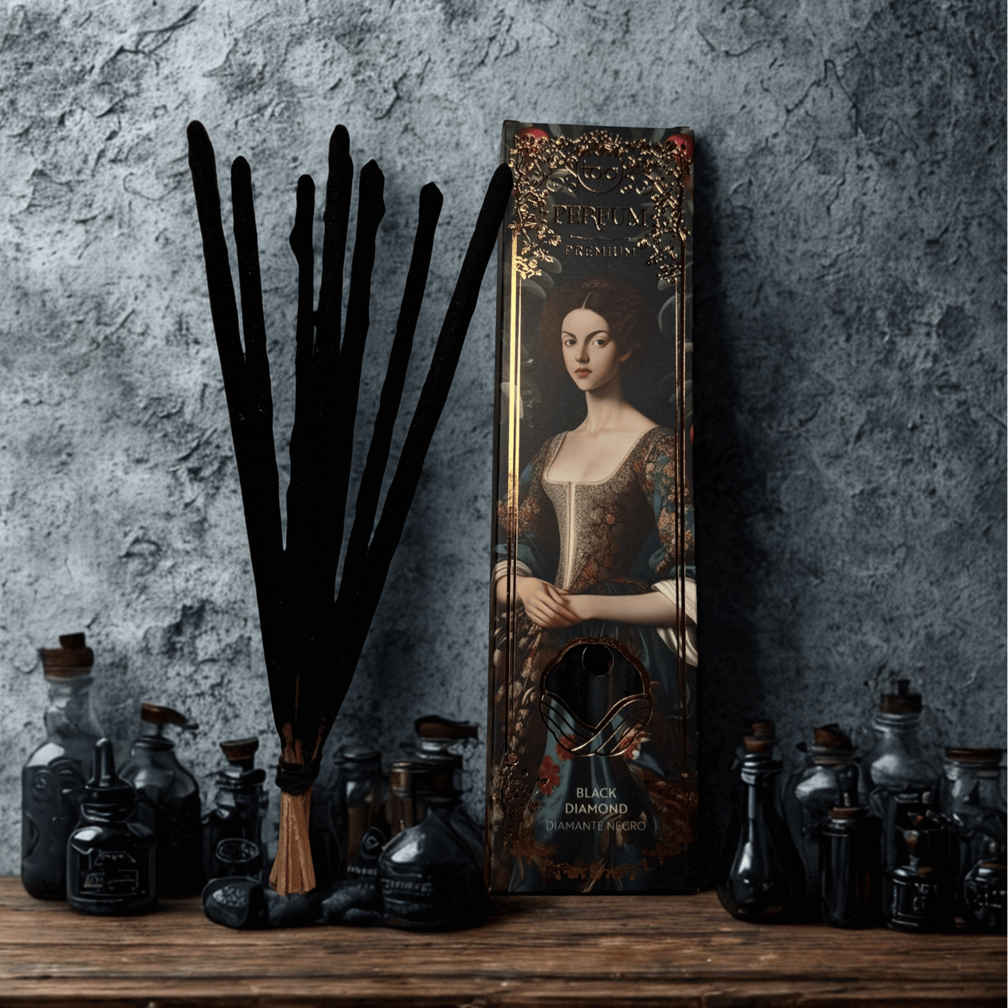 Vintage-style product packaging with a portrait on a textured wall background