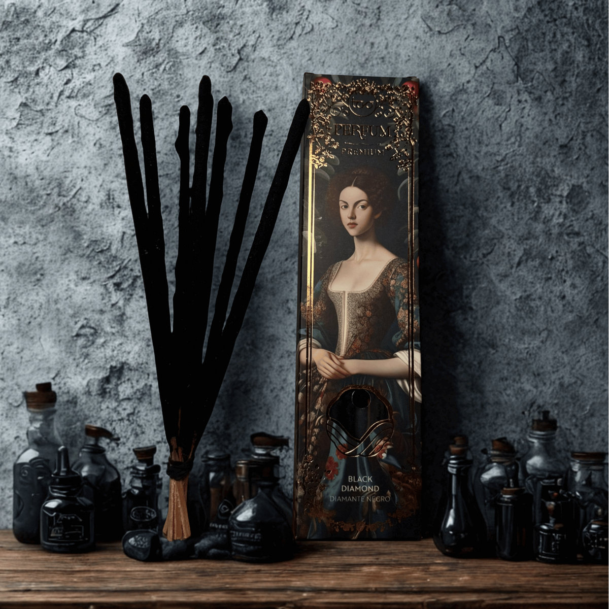 Vintage-style product packaging with a portrait on a textured wall background