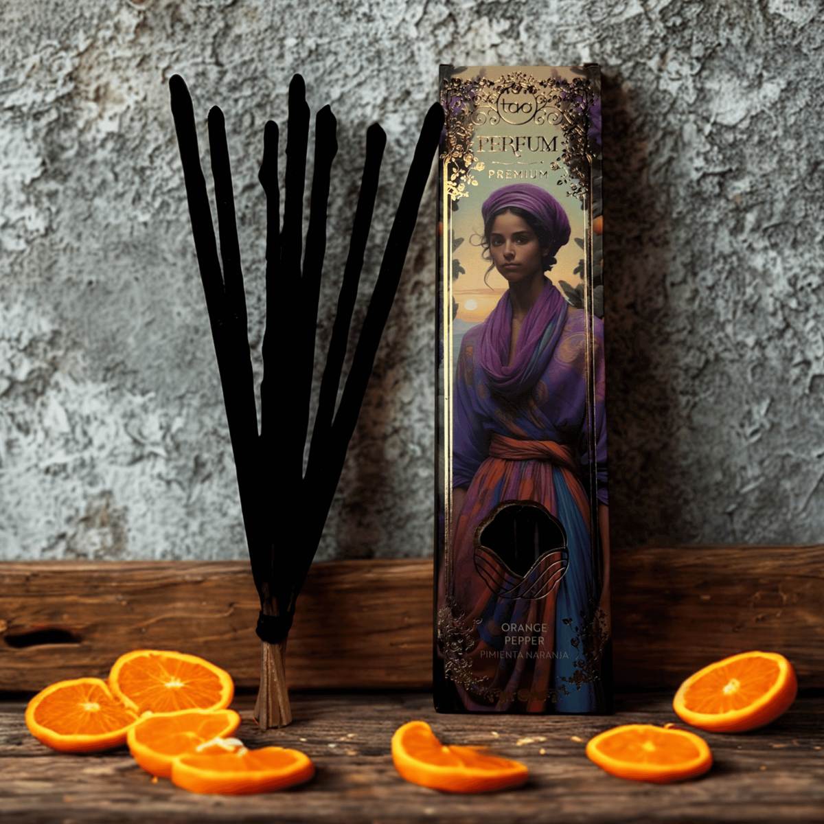Perfume bottle with artistic label featuring a person, surrounded by sliced oranges on a rustic surface.