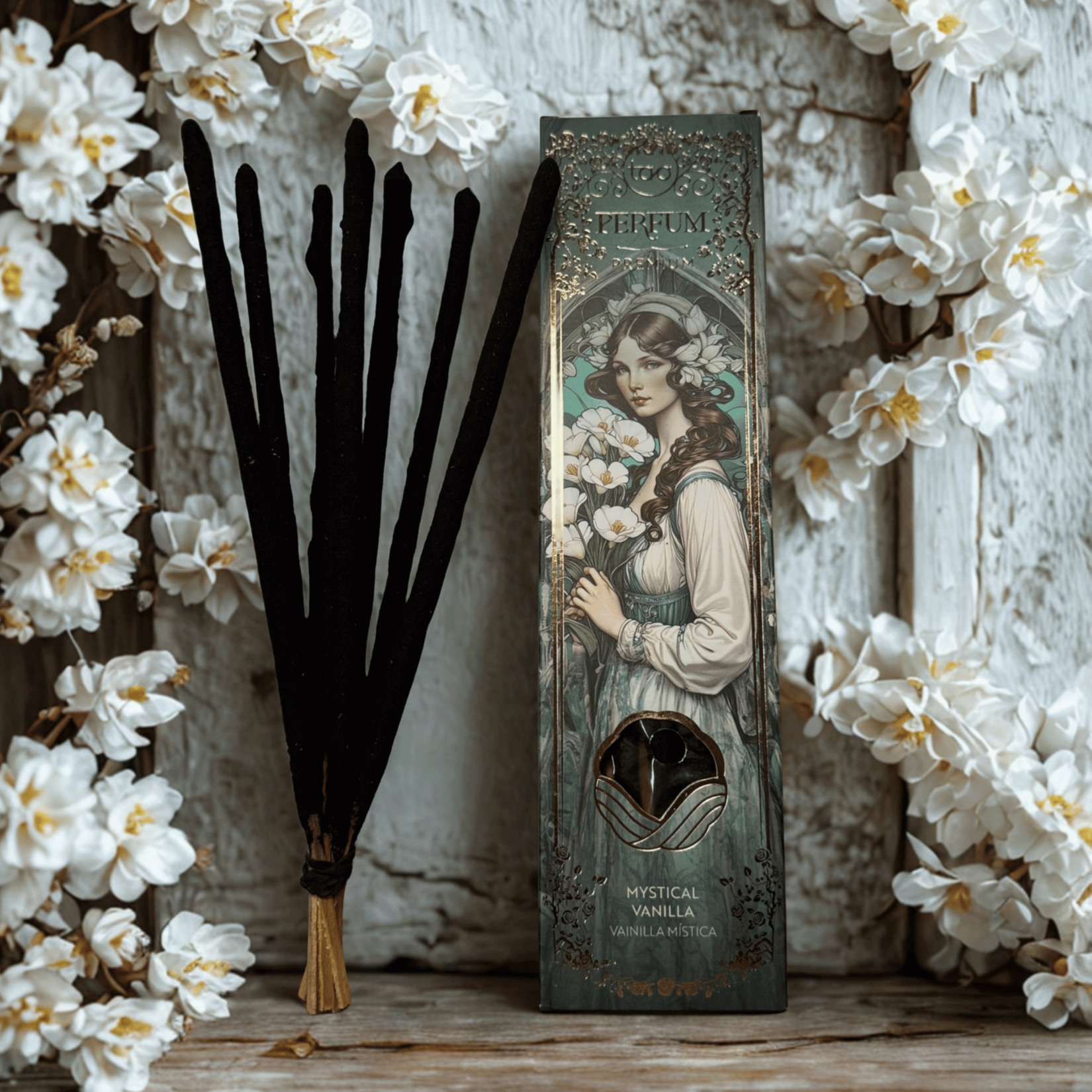 Vintage-style perfume bottle with decorative packaging on a wooden surface with white flowers.