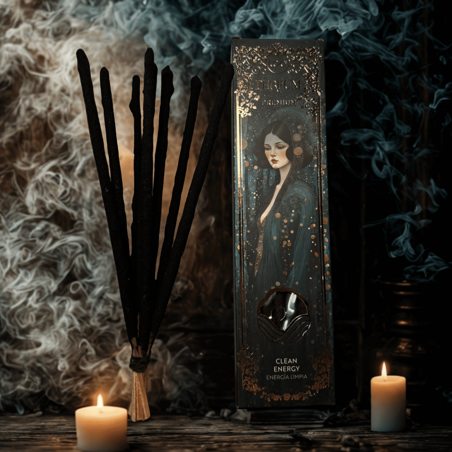A decorative box with a woman's face, black feathers, and candles on a dark background