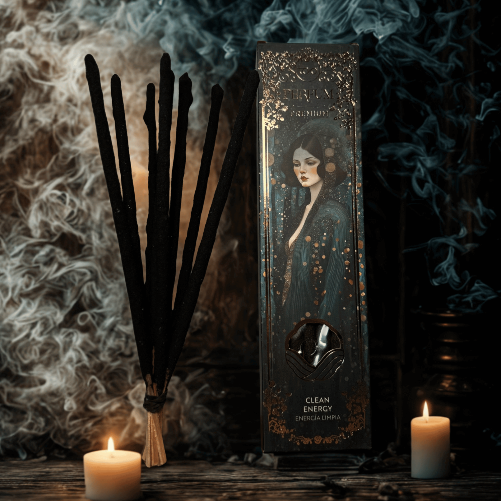 A decorative box with a woman's face, black feathers, and candles on a dark background