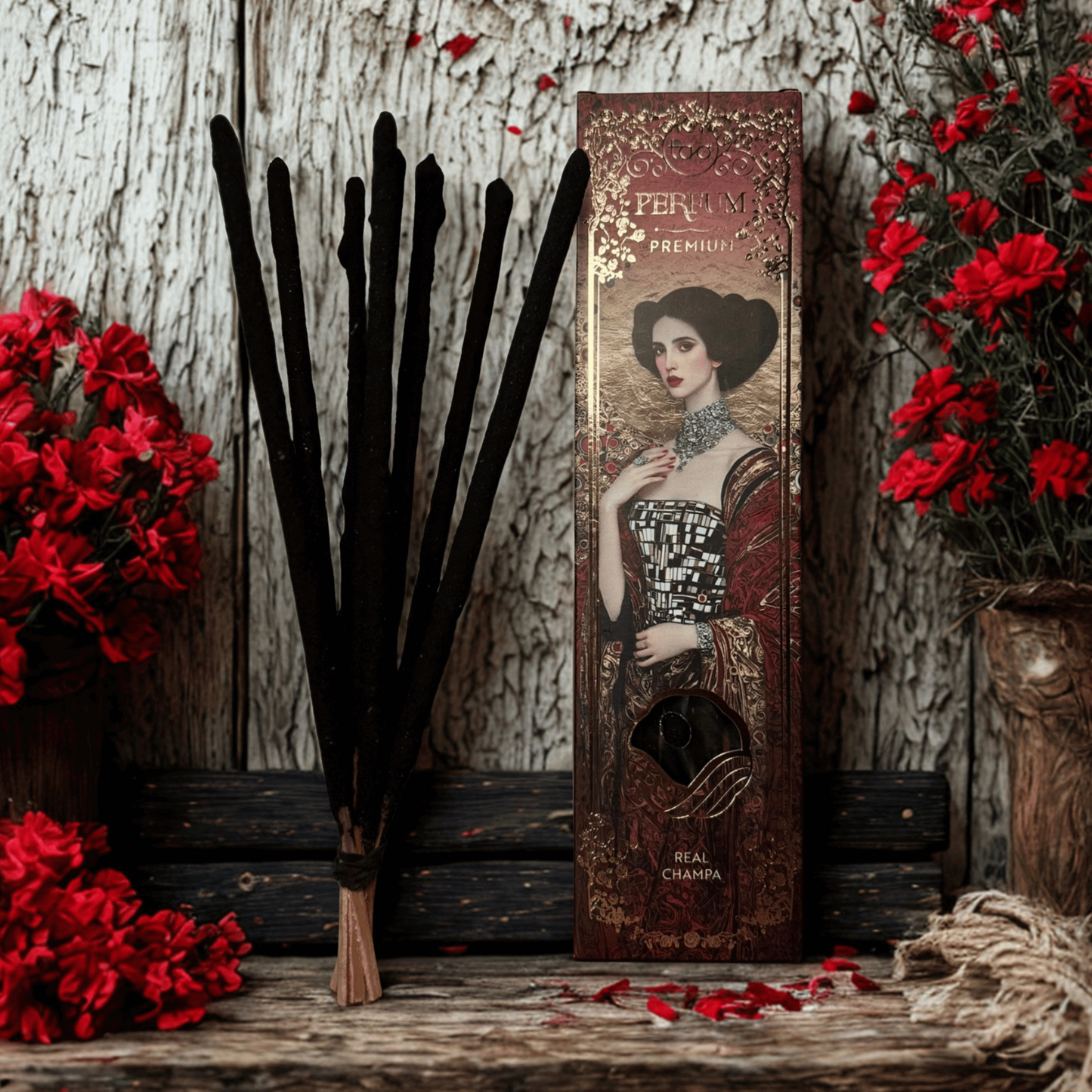 Vintage-style product packaging with a woman's portrait, surrounded by red flowers and a rustic wooden surface.