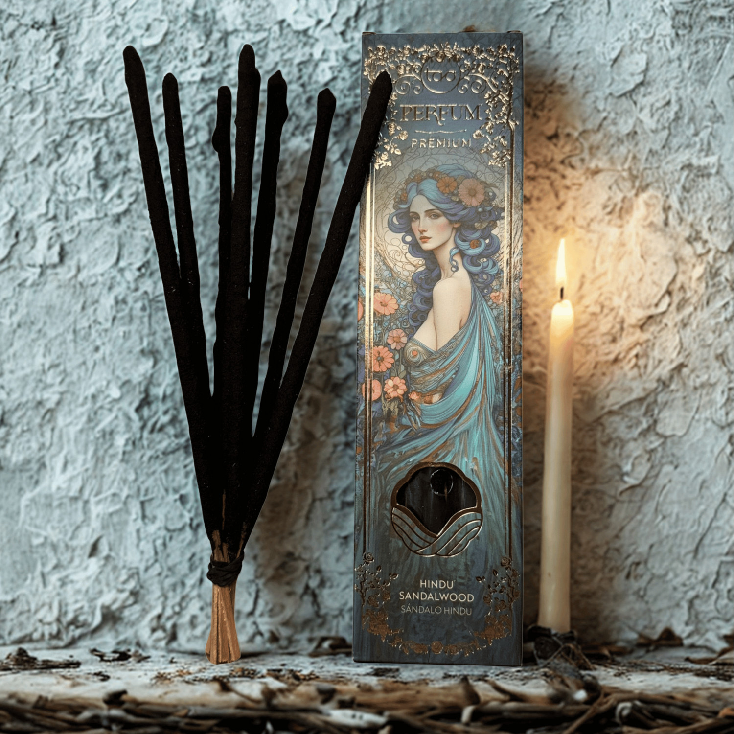 Decorative box with artistic design featuring a woman's face, black incense sticks, and a lit candle on a textured surface.