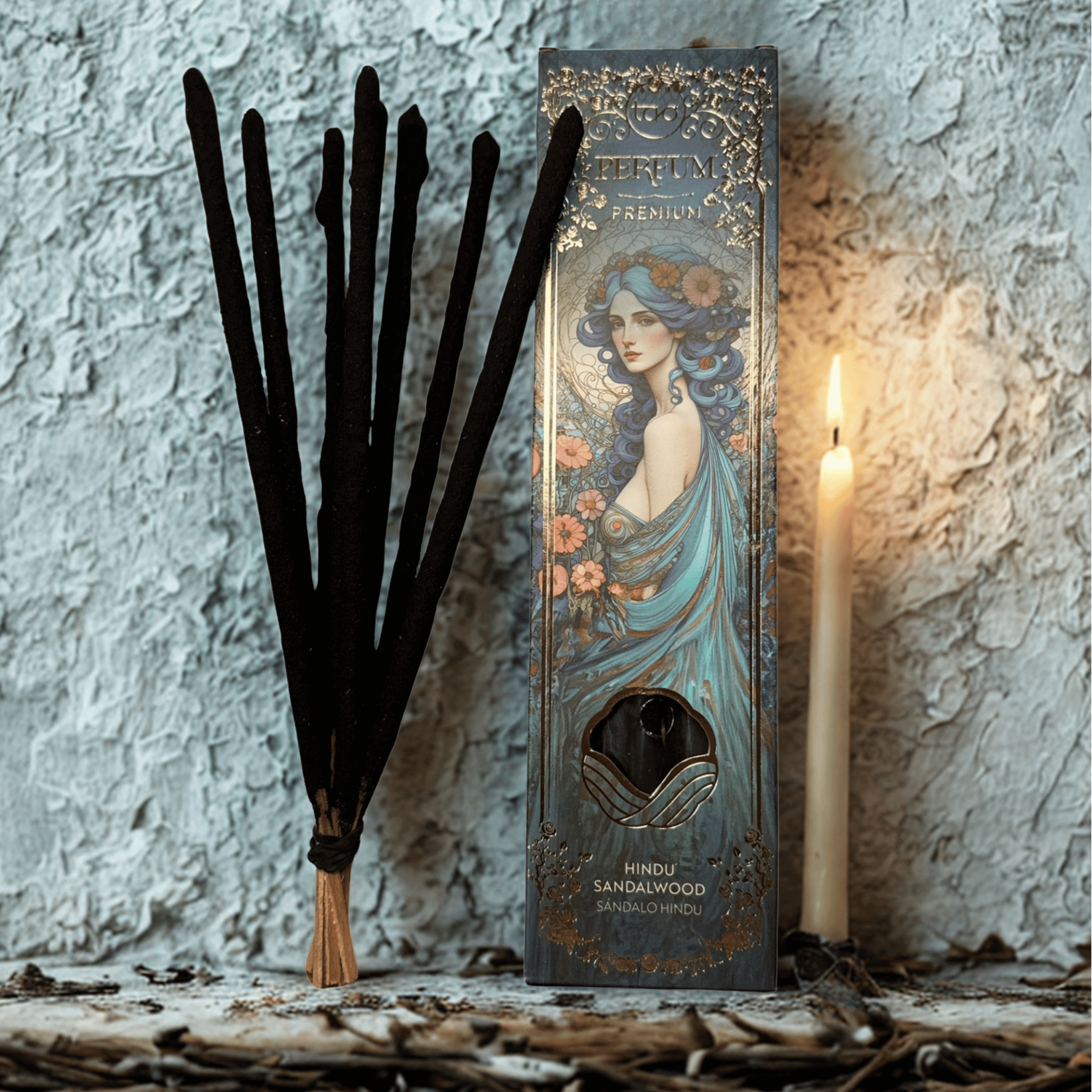 Decorative box with artistic design featuring a woman's face, black incense sticks, and a lit candle on a textured surface.