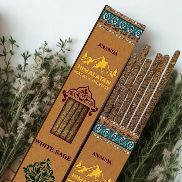 Himalayan Masala Incense packaging with incense sticks on a white background