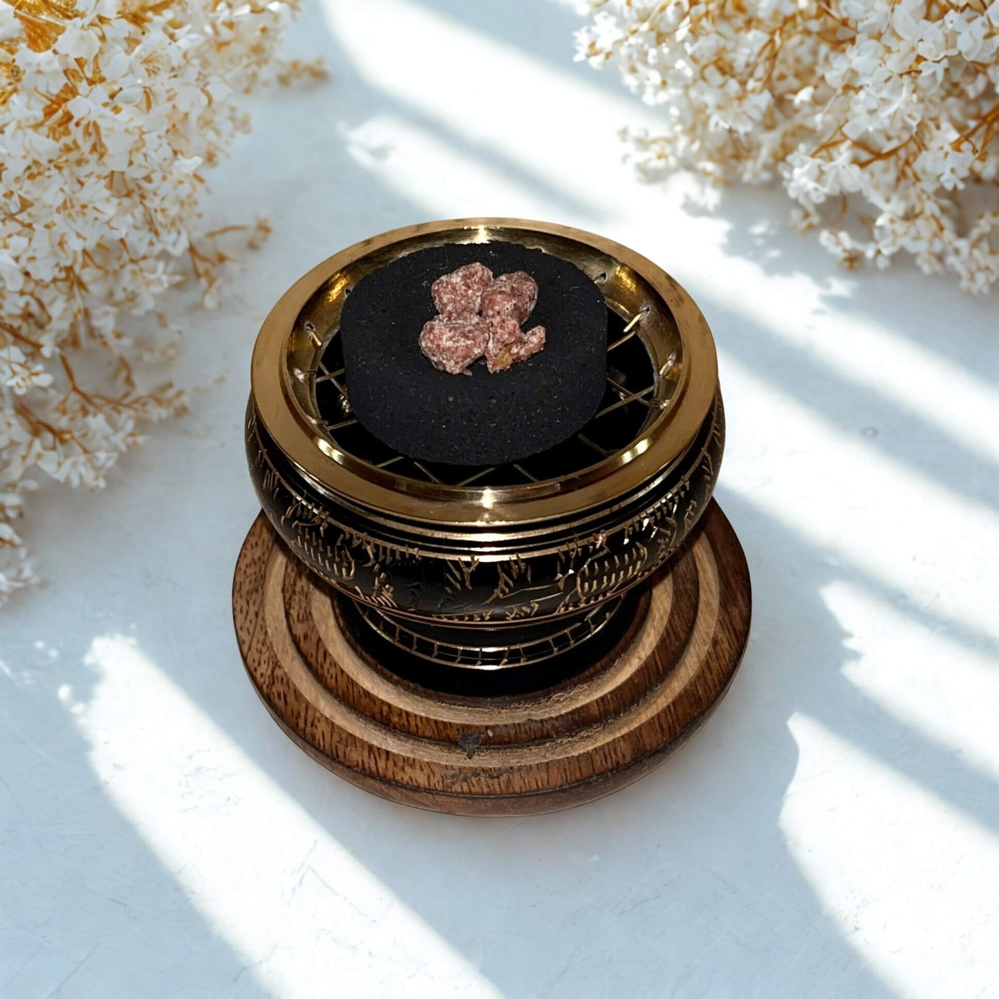 Carved Brass Charcoal Holder with wooden base