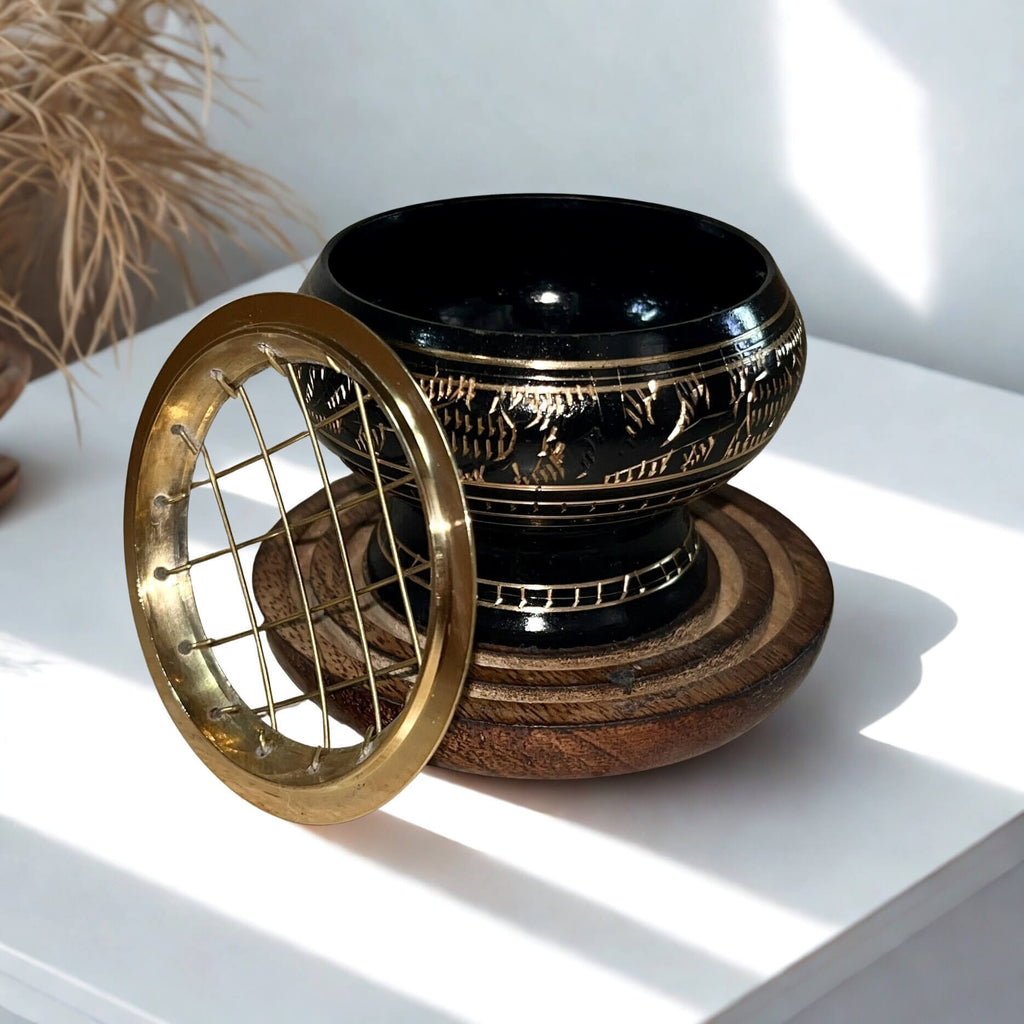 Carved Brass Charcoal Holder with wooden base