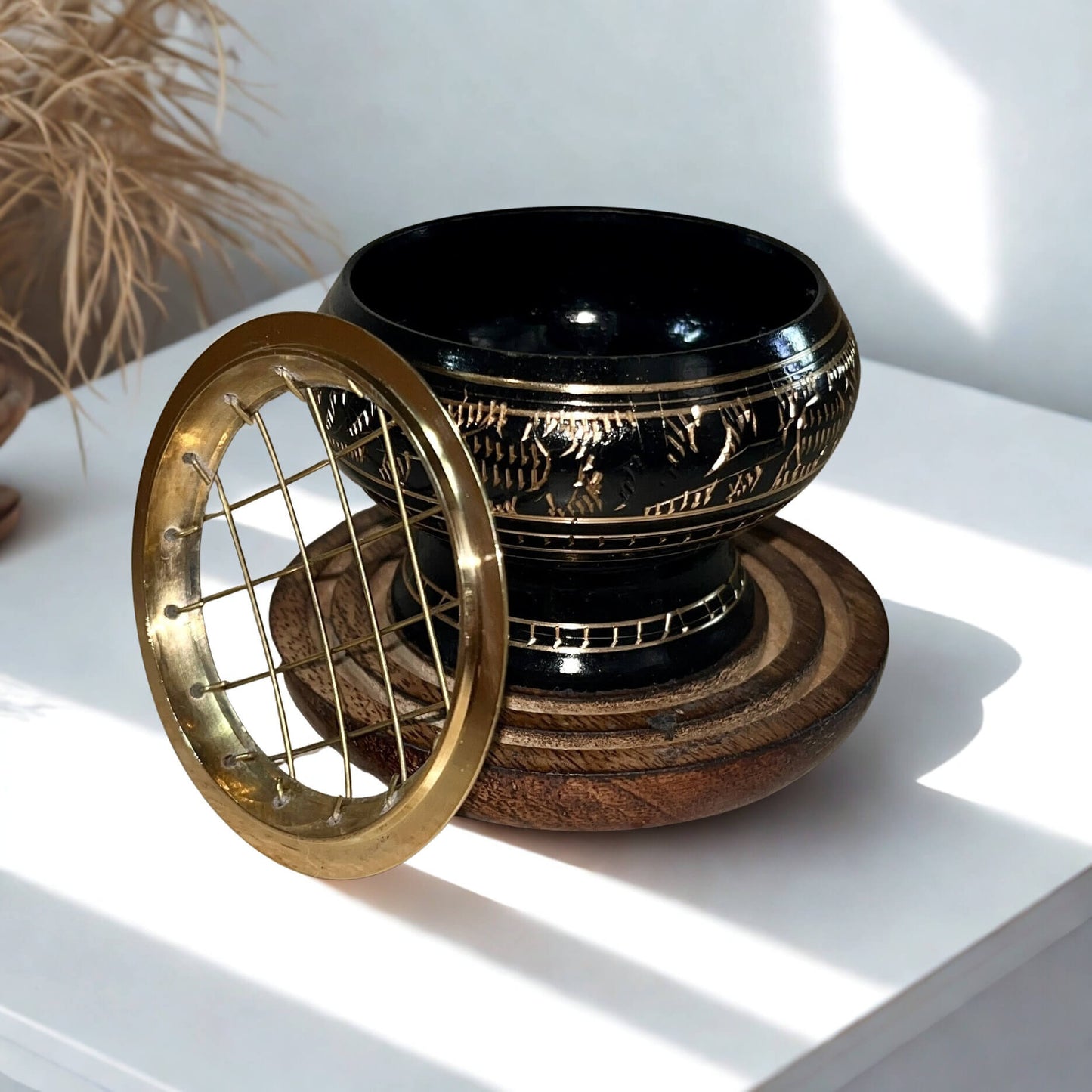 Carved Brass Charcoal Holder with wooden base