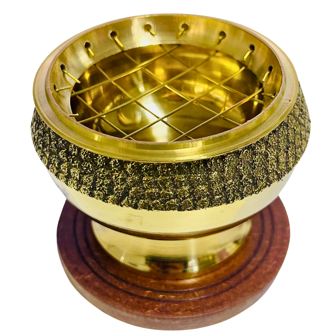 Gold Brass Charcoal Holder on Wooden Base