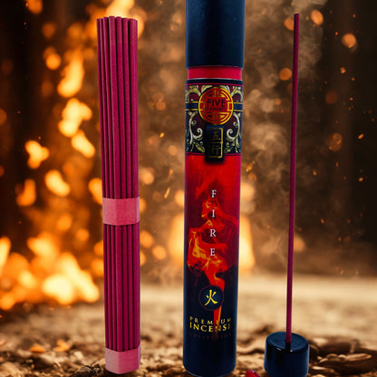 Incense stick with packaging against a fiery background