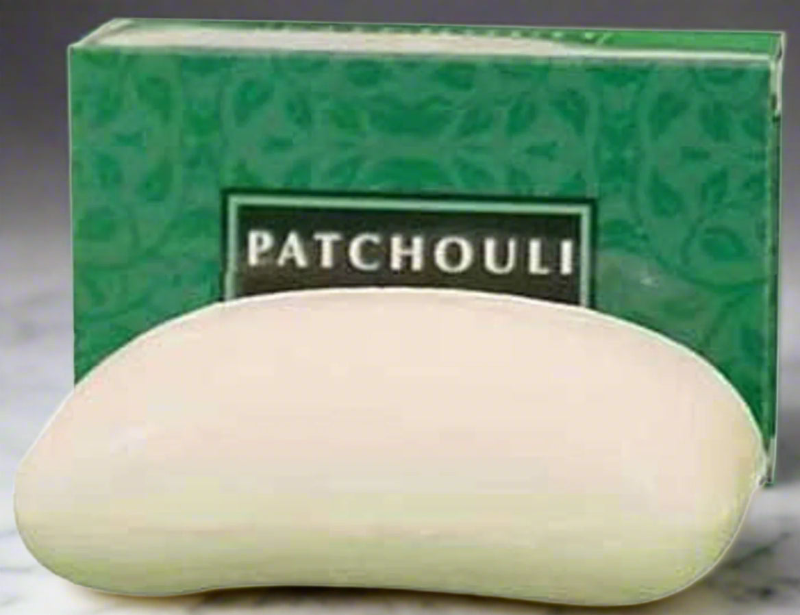 Bar of soap with 'Patchouli' packaging on a white background