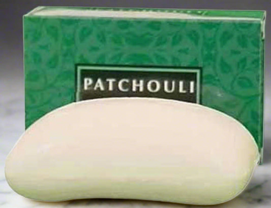 Bar of soap with 'Patchouli' packaging on a white background