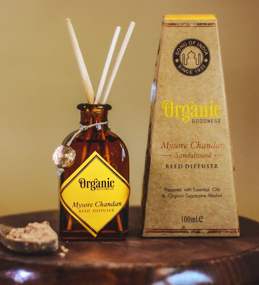 Reed diffuser bottle with packaging labeled 'Mysore Chandan' on a wooden surface.
