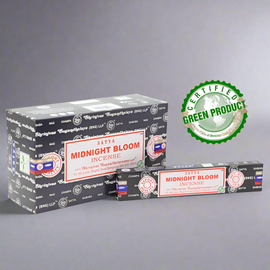 Satra Midnight Bloom incense packaging with a green certified product label on a white background