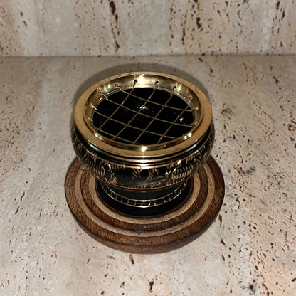 Carved Brass Charcoal Holder with wooden base