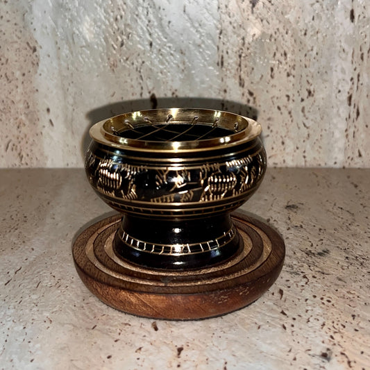Carved Brass Charcoal/Incense Holder with wooden base