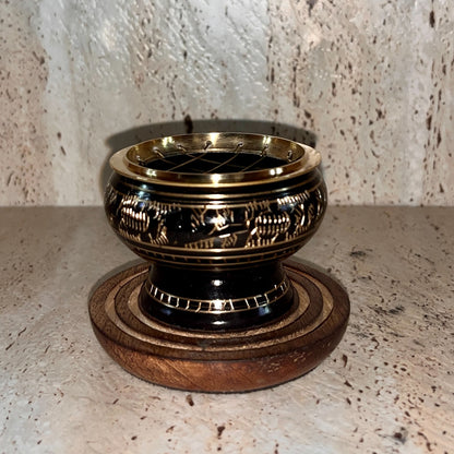 Carved Brass Charcoal Holder with wooden base