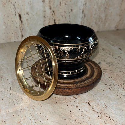 Carved Brass Charcoal Holder with wooden base