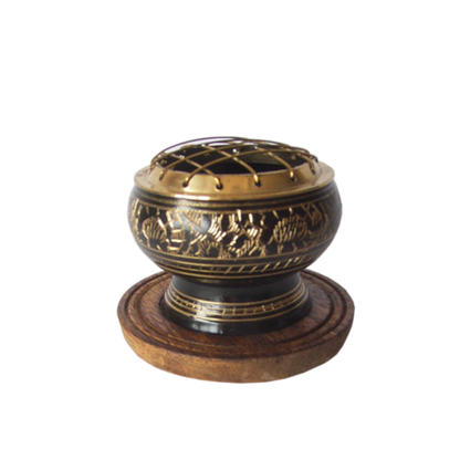 Carved Brass Charcoal Holder with wooden base